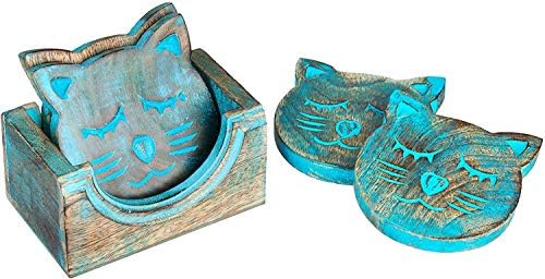 חופי עץ לשולחן | תחתיות חתול עץ כפרי עבור משקאות סט של 4 | תחתיות חתולים כחולים עם מחזיק | שתו תחתיות סופגות